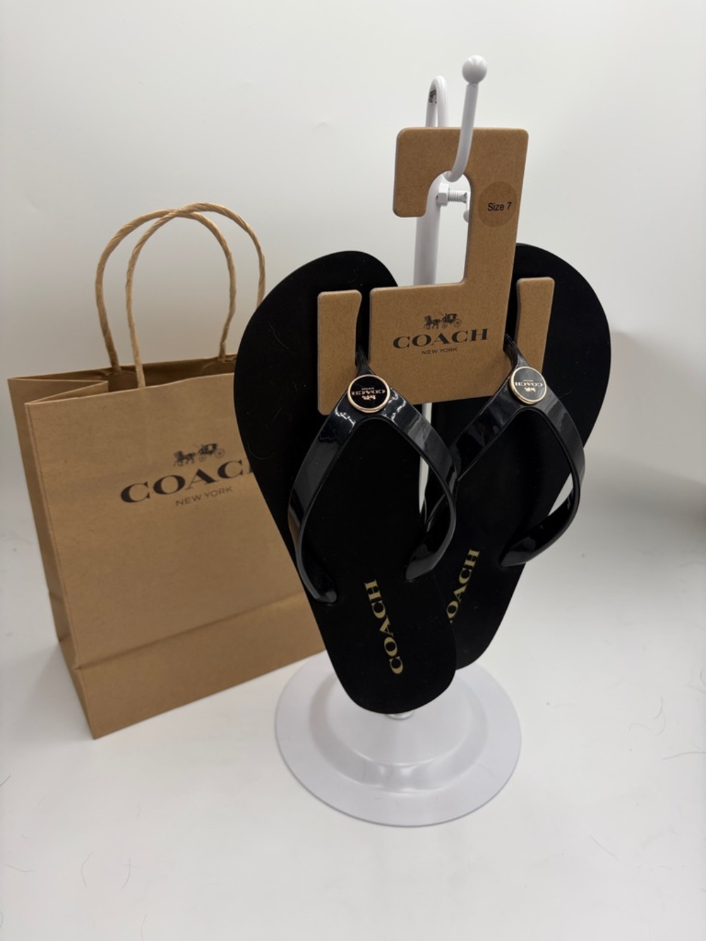 NEW Coach Black Patent Logo Flip Flops